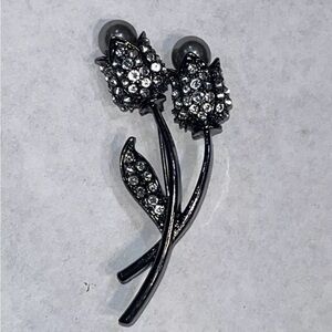 Vintage Black Metalic Flower Brooch With Rhinestones And faux Pearls